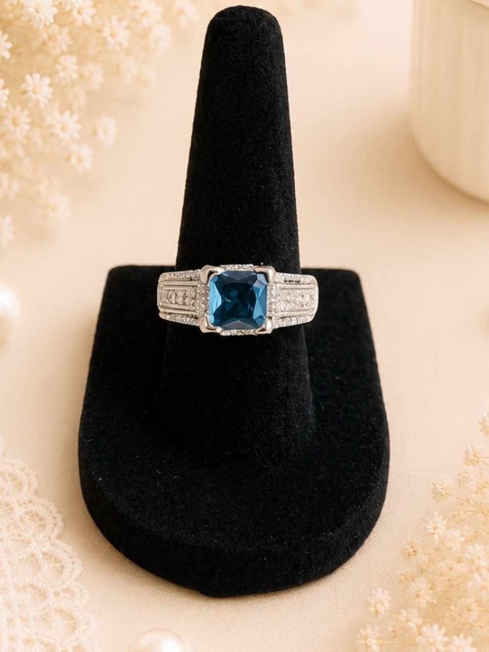 Silver Tone Fashion Ring With Blue Square-Cut Center Stone Size 6
